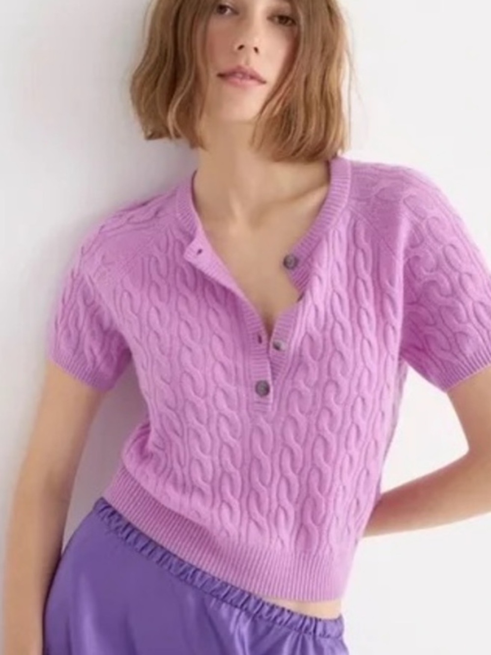 J. Crew Cashmere Cable Knit Short Sleeve Sweater Large FLAW
